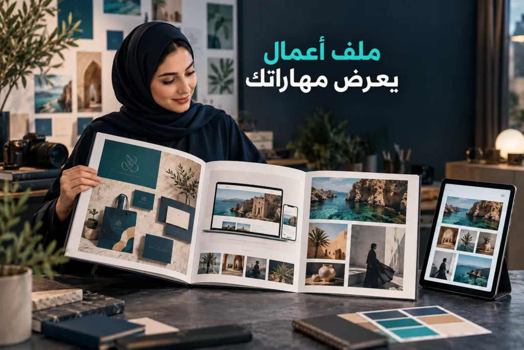 مصممة تعرض ملف أعمال مطبوعًا ورقميًا مع عنوان عربي عن عرض المهارات