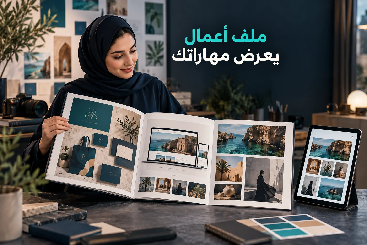 مصممة تعرض ملف أعمال مطبوعًا ورقميًا مع عنوان عربي عن عرض المهارات