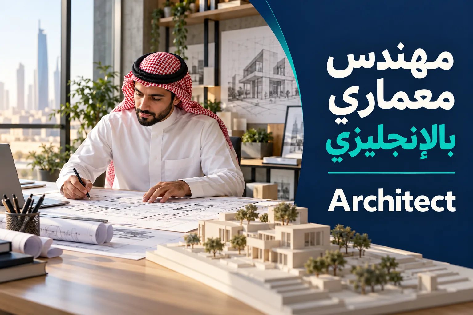 مهندس معماري يراجع مخططات ونموذج مبنى مع كلمة Architect
